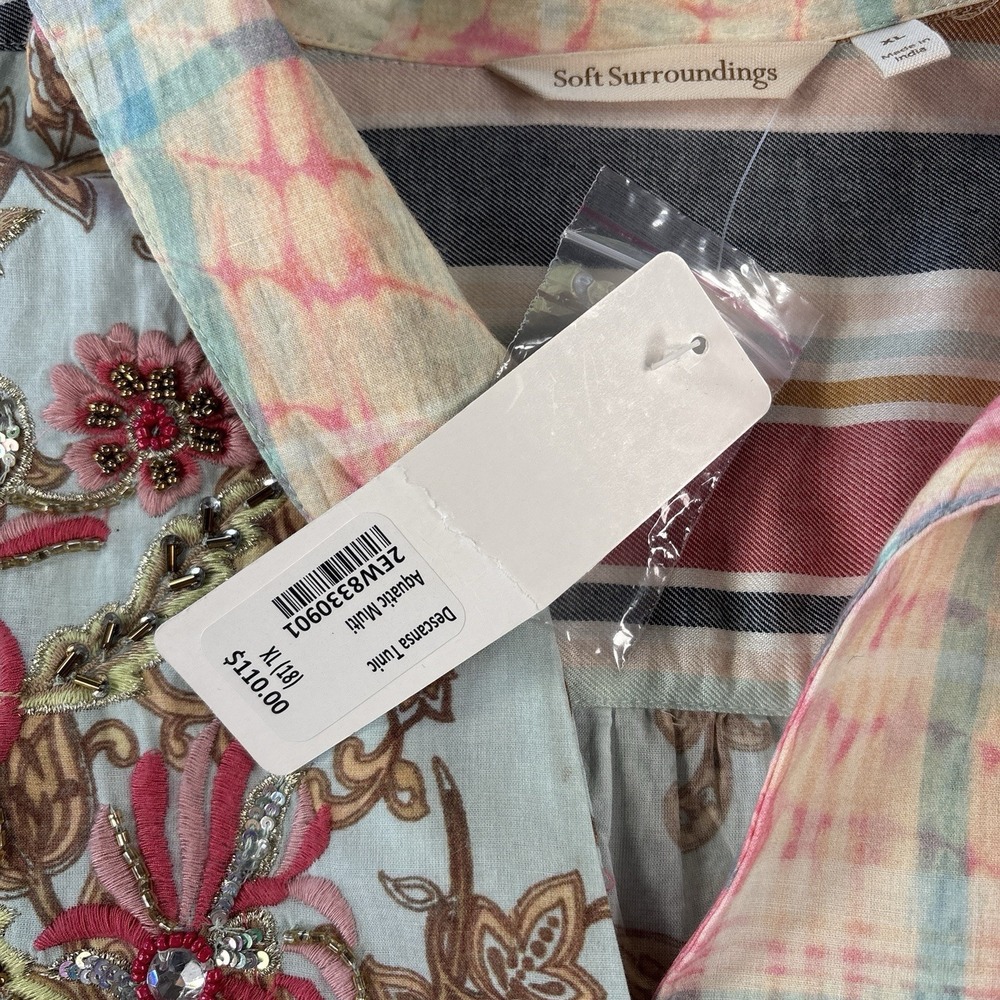 Soft Surroundings Descansa Tunic Shirt Womens XL Button Up Aquatic Patchwork NWT - Picture 8 of 12